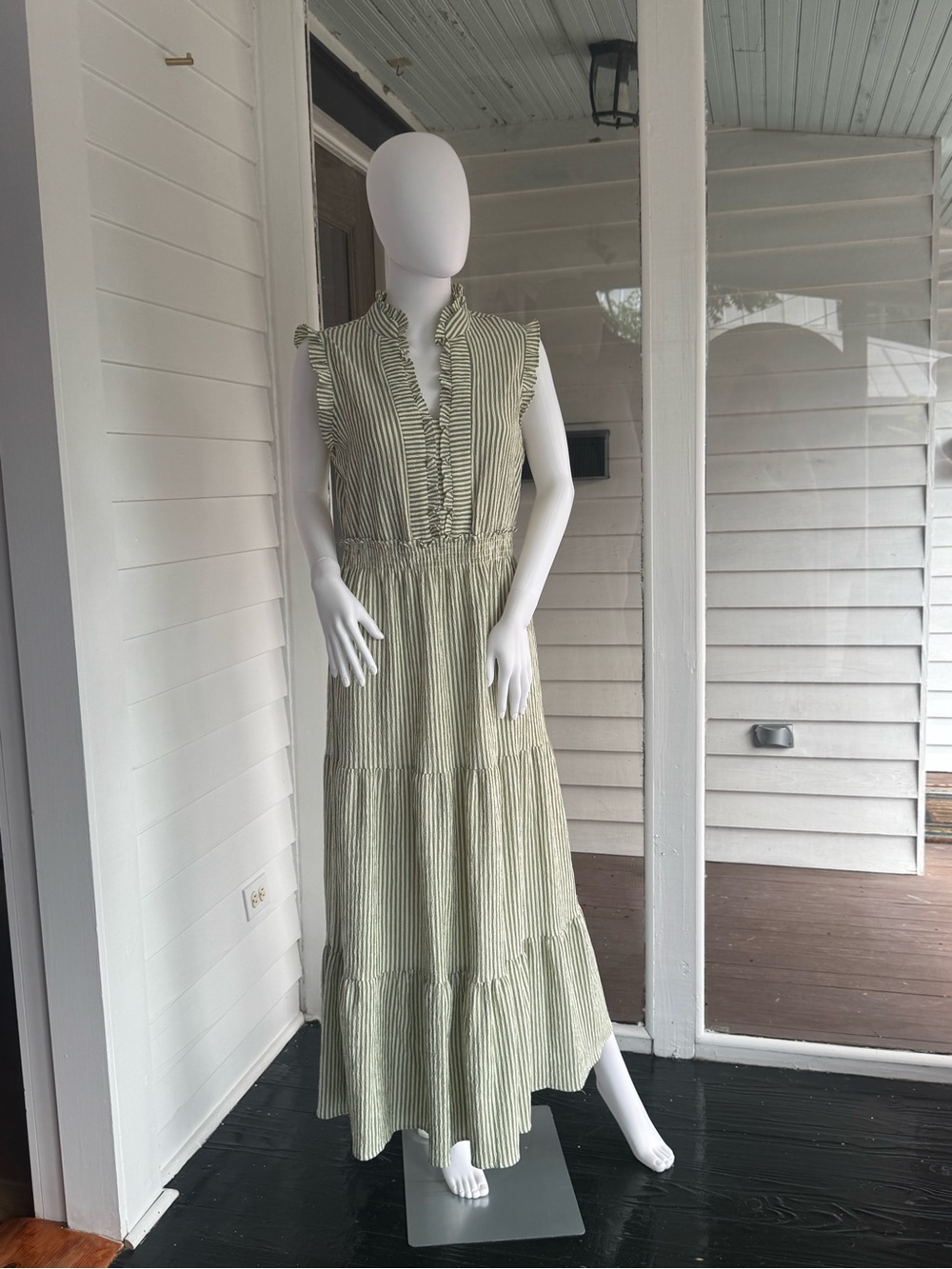 Sleeveless Ruffle-Trim Maxi Dress in Light Sage Stripe